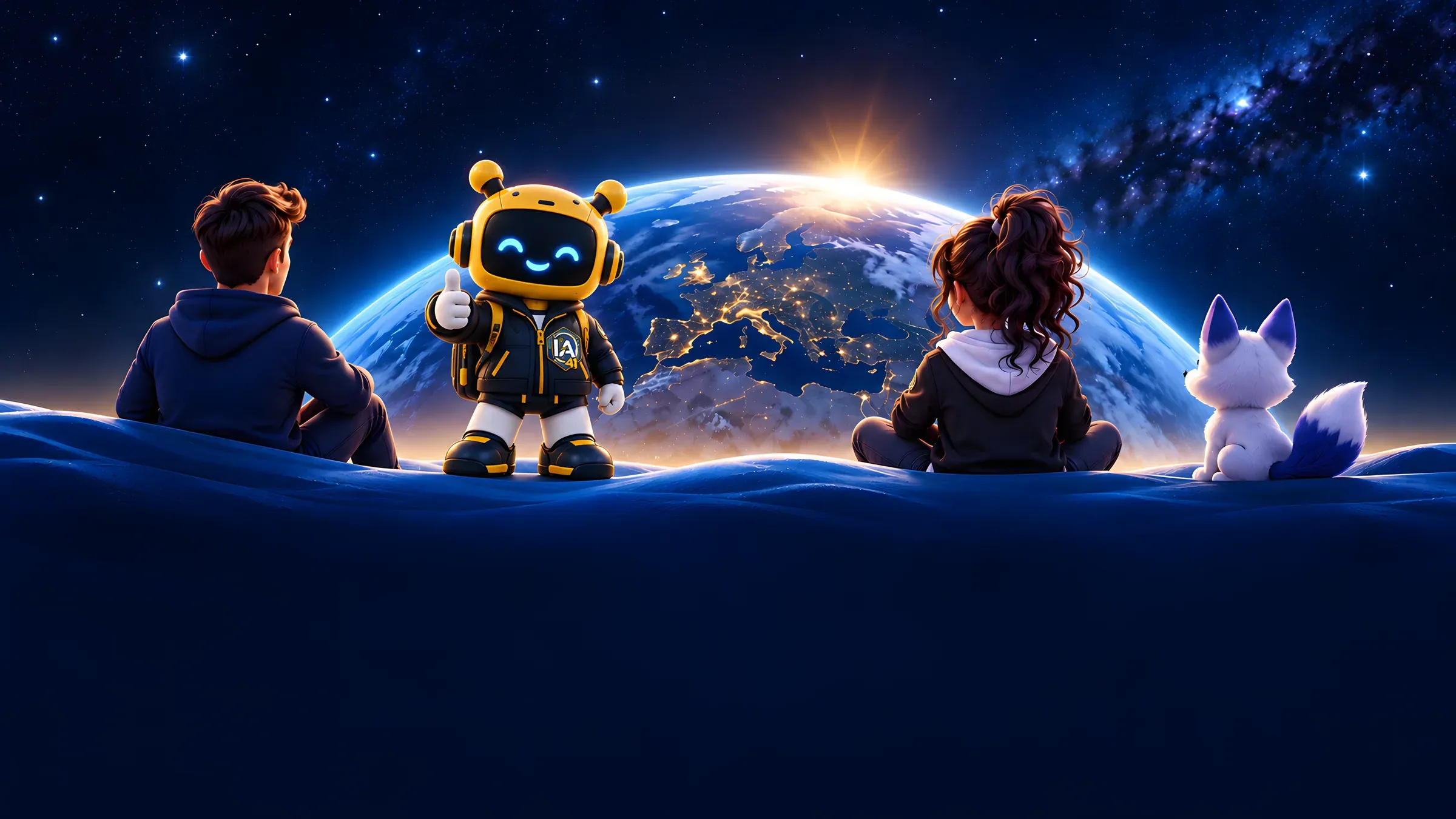Deux enfants, Cortex et Yoky, assis sur une colline, regardent la Terre au lever du soleil sur l'Europe.