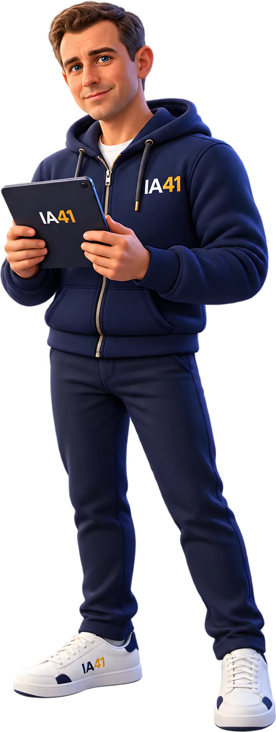 Willy, pouce levé, tablette IA41 à la main.